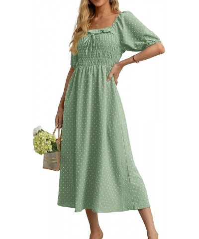 Women's Summer Boho Midi Dress Puff Sleeve Square Neck Swiss Dot Flowy Off Shoulder Dress Light Green $14.57 Dresses