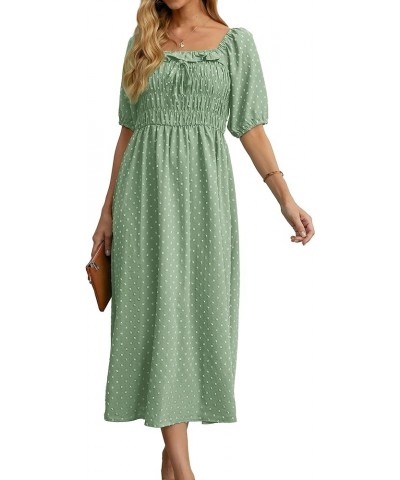 Women's Summer Boho Midi Dress Puff Sleeve Square Neck Swiss Dot Flowy Off Shoulder Dress Light Green $14.57 Dresses