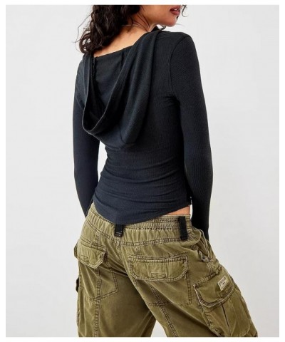 Women Low Cut Crop Shirt Long Sleeve Fitted Knit Tshirts Top Cutout Cropped Square Neck Tee Blouse Retro Streetwear Hooded Bl...