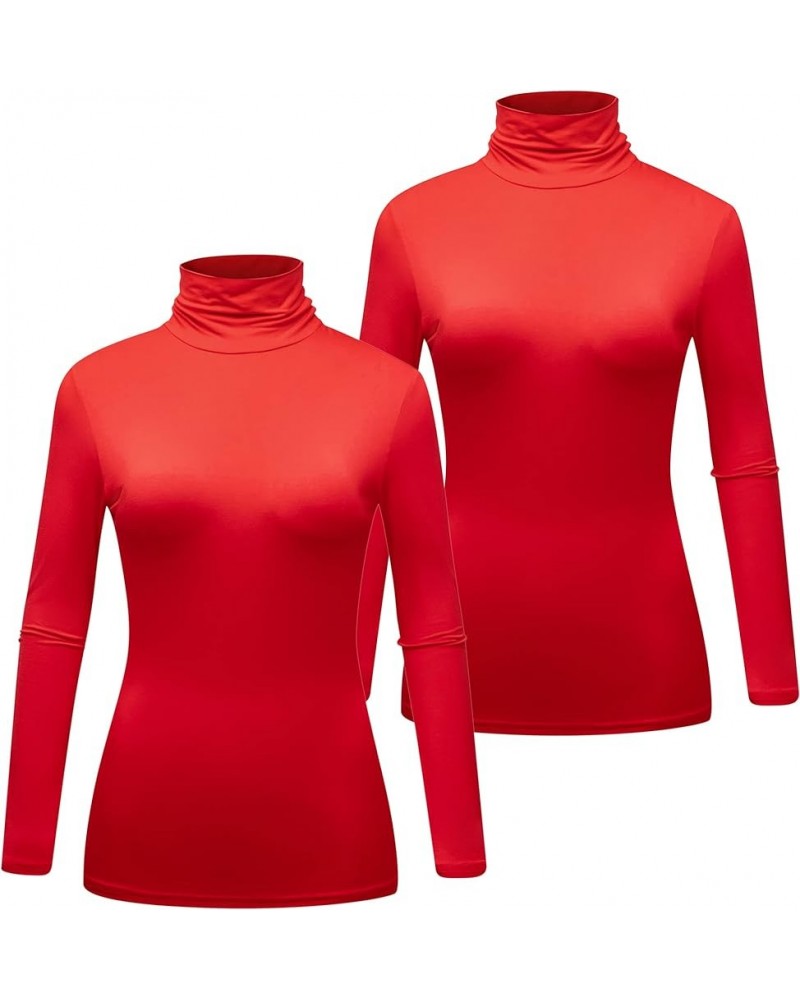 Women's 2-Pack Long Sleeve Turtleneck T-Shirt Basic Stretchy Layer Comfy High Neck Shirt Red $14.42 Underwear