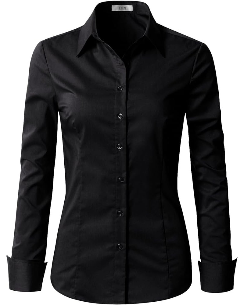 Womens Slim Fit Long Sleeve Stretchy Button Down Collar Shirt Blouse Wbds003-black $10.75 Blouses