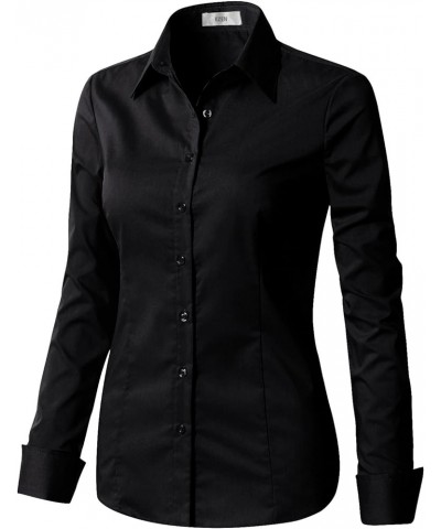 Womens Slim Fit Long Sleeve Stretchy Button Down Collar Shirt Blouse Wbds003-black $10.75 Blouses