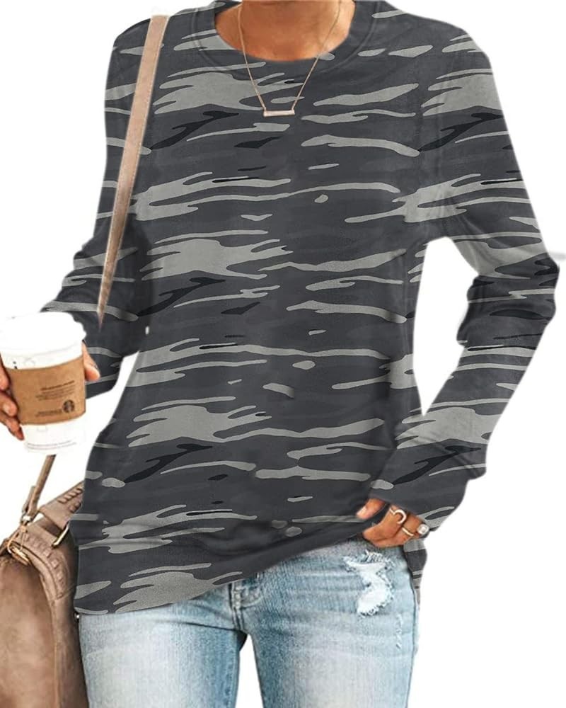 Womens Casual Crewneck Sweatshirt Long Sleeve Solid Color Shirt Soft Lightweight Loose Top Yh-camouflage Print $10.79 Hoodies...