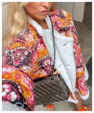 Womens Sherpa Lined Corduroy Jacket Floral Print Long Sleeve Button Down Fleece Coat Outwears Pink $30.79 Jackets