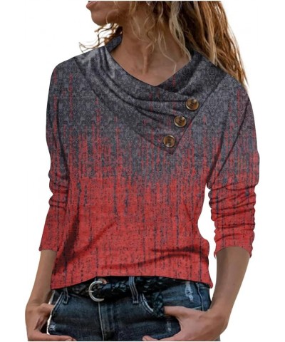 Long Sleeve Shirts for Women Trendy Casual Vintage Print Button V-Neck Color Block Patchwork Blouse Plus Size Tops A-red $8.5...