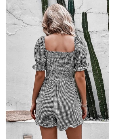 Women's Plaid Print Puff Short Sleeve Romper Square Neck Summer Shorts Jumpsuits Black and White $20.16 Rompers