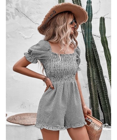 Women's Plaid Print Puff Short Sleeve Romper Square Neck Summer Shorts Jumpsuits Black and White $20.16 Rompers