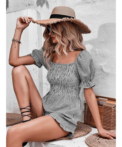 Women's Plaid Print Puff Short Sleeve Romper Square Neck Summer Shorts Jumpsuits Black and White $20.16 Rompers