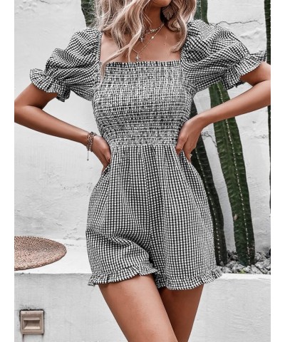 Women's Plaid Print Puff Short Sleeve Romper Square Neck Summer Shorts Jumpsuits Black and White $20.16 Rompers