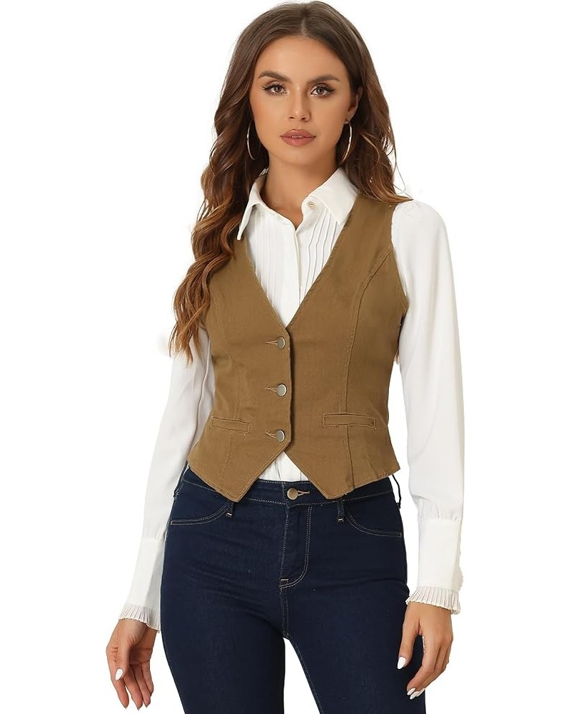 Women's Denim Jakcet Sleeveless V Neck Button Down Casual Jean Waistcoat Vest Brown $22.39 Vests