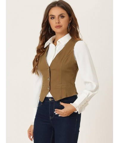 Women's Denim Jakcet Sleeveless V Neck Button Down Casual Jean Waistcoat Vest Brown $22.39 Vests