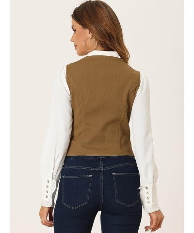 Women's Denim Jakcet Sleeveless V Neck Button Down Casual Jean Waistcoat Vest Brown $22.39 Vests
