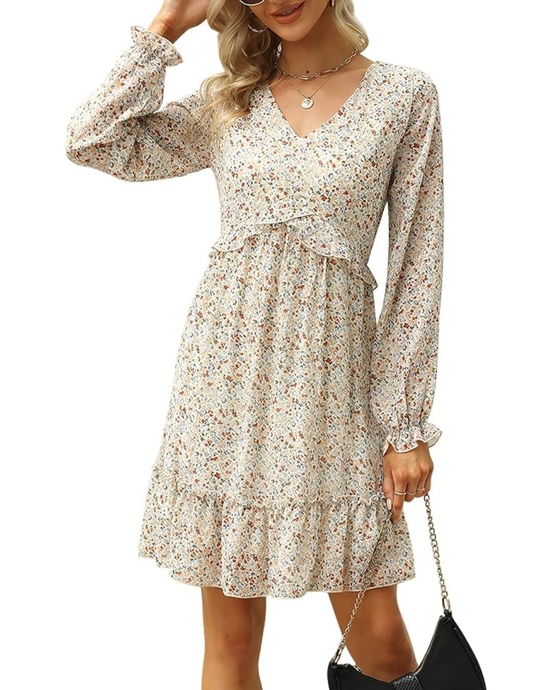 Womens V Neck Chiffon Long Lantern Sleeve Dress Casual Ruffle Boho A-Line Dresses MY117 117-beige Print $27.83 Dresses