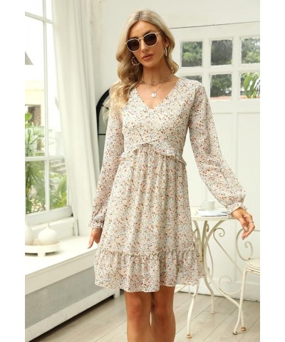 Womens V Neck Chiffon Long Lantern Sleeve Dress Casual Ruffle Boho A-Line Dresses MY117 117-beige Print $27.83 Dresses