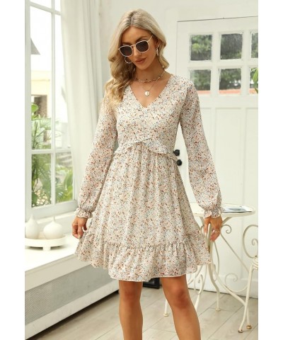 Womens V Neck Chiffon Long Lantern Sleeve Dress Casual Ruffle Boho A-Line Dresses MY117 117-beige Print $27.83 Dresses