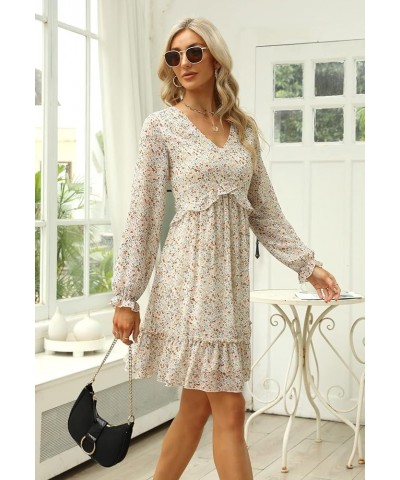 Womens V Neck Chiffon Long Lantern Sleeve Dress Casual Ruffle Boho A-Line Dresses MY117 117-beige Print $27.83 Dresses
