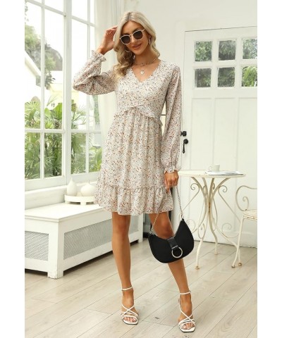 Womens V Neck Chiffon Long Lantern Sleeve Dress Casual Ruffle Boho A-Line Dresses MY117 117-beige Print $27.83 Dresses