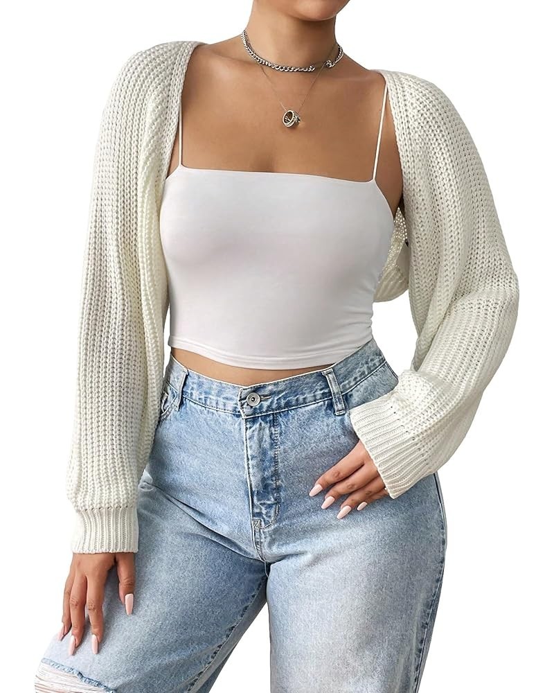 Women's Open Front Long Sleeve Cropped Cardigan Sweaters Shrug Plus White $14.08 Sweaters