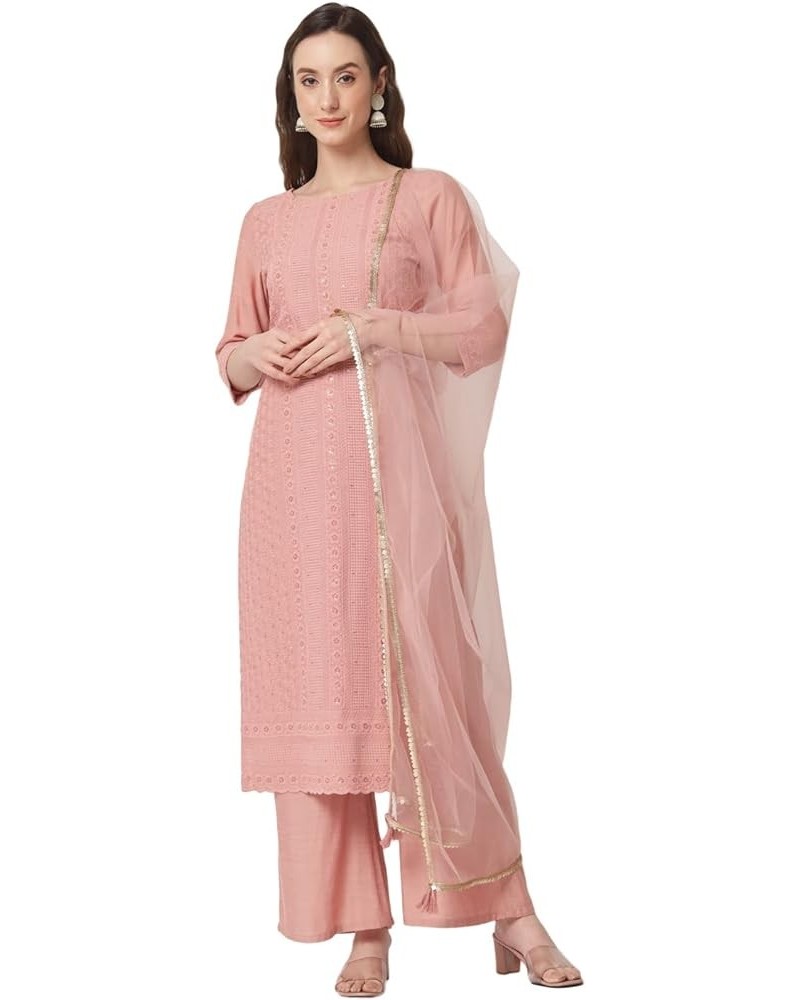 Women's Viscose Silk Chikankari Kurta Palazzo Dupatta set Peach $29.98 Sleep & Lounge