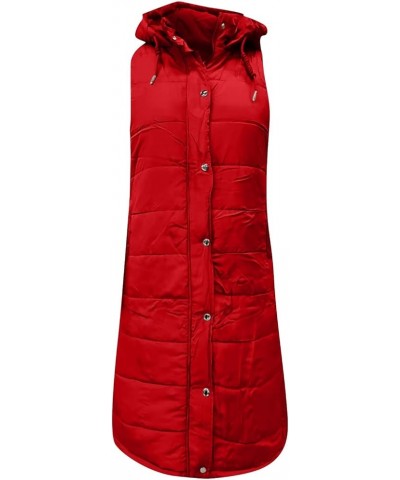 Women Long Puffer Vest Sleeveless Puffy Jacket with Hood 04-red $15.40 Vests