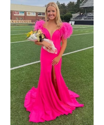 Off Shoulder Satin Mermaid Prom Dresses Feather Formal Gowns V Neck Evening Party Gowns with Slit Black $38.54 Dresses