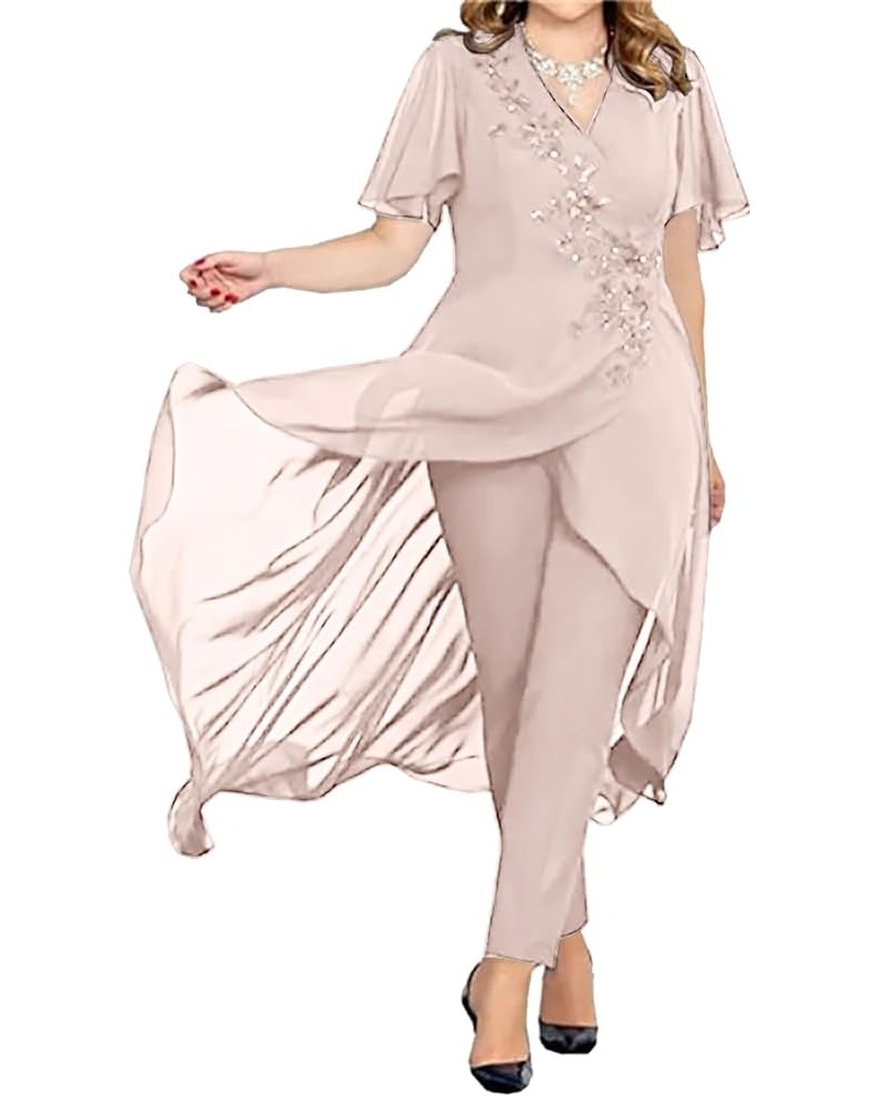 Women's Chiffon 2 Pieces Mother of The Bride Pant Suits for Wedding V Neck Mother of The Groom Dresses MIS17 Pink $30.60 Suits