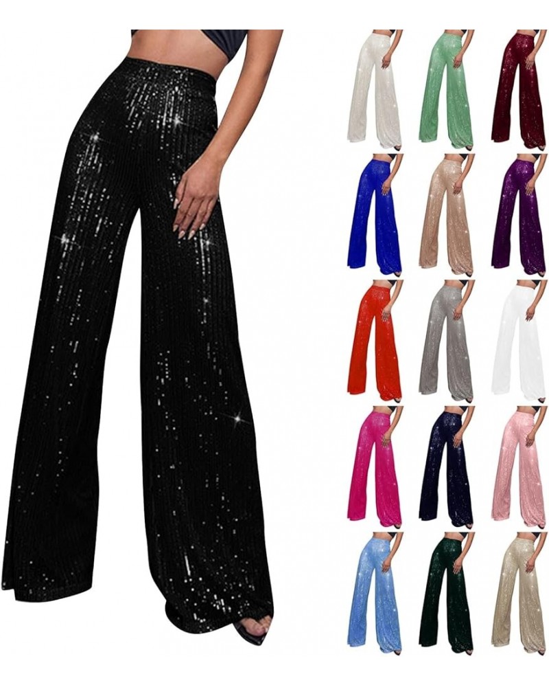 Sequin Pant for Women,2024 Spring Sparkly Glitter High Waist Wide Leg Palazzo Pant Party Club Trouser Bling Legging A-black $...