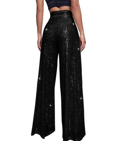 Sequin Pant for Women,2024 Spring Sparkly Glitter High Waist Wide Leg Palazzo Pant Party Club Trouser Bling Legging A-black $...