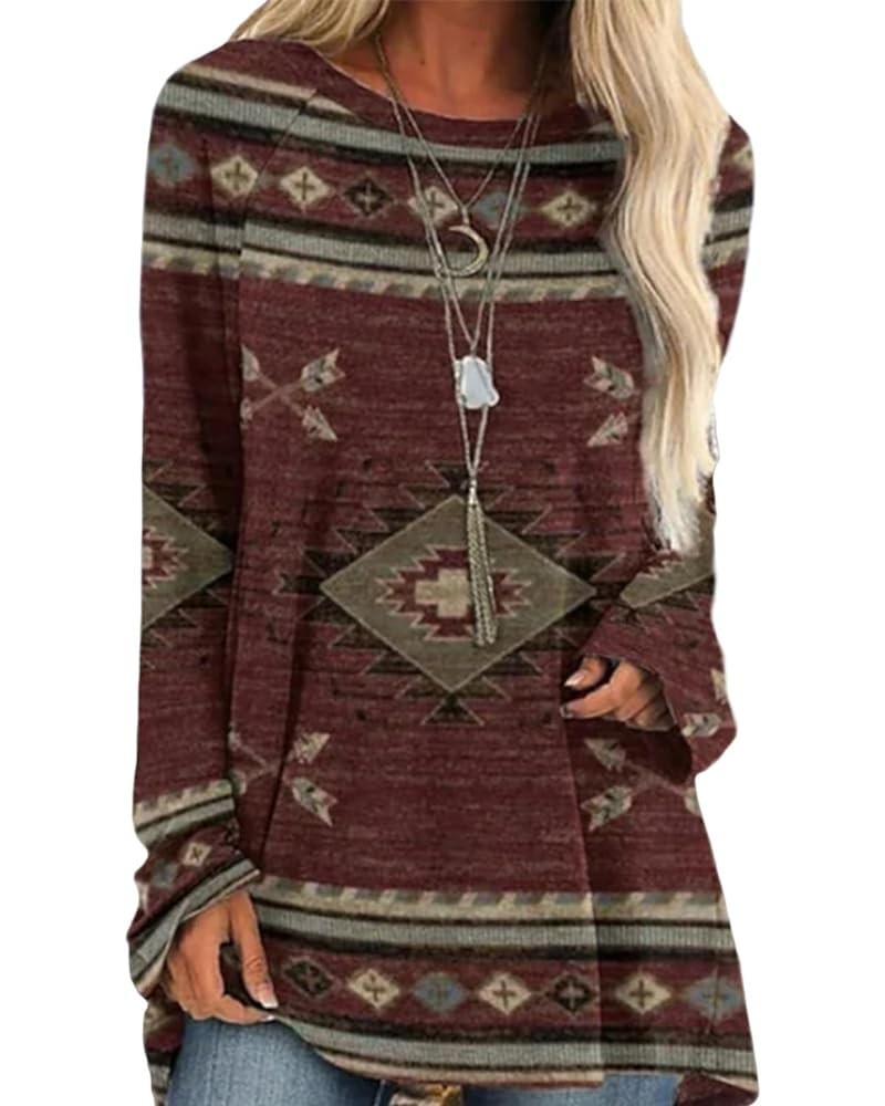 Plus Size Western Shirts for Women Cowgirl Long Sleeve Ethnic Print Crewneck T Shirts Blouse Flowy Tunic Tops B Ethnic Brown ...