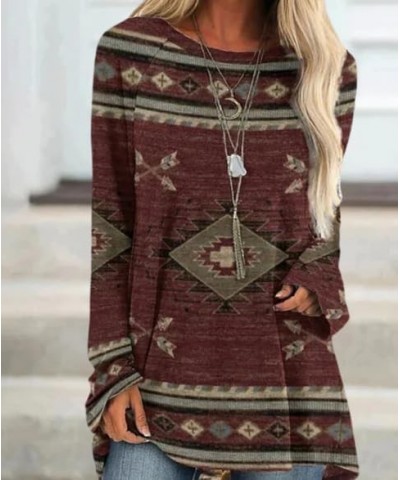 Plus Size Western Shirts for Women Cowgirl Long Sleeve Ethnic Print Crewneck T Shirts Blouse Flowy Tunic Tops B Ethnic Brown ...