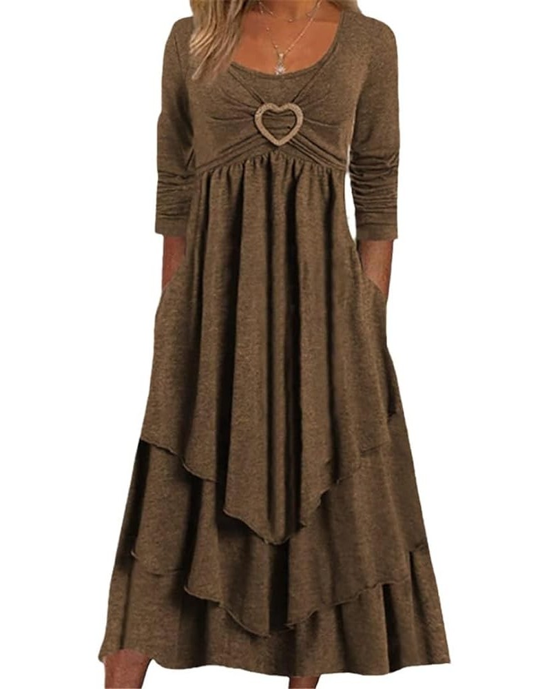 Womens Sping Winter Wedding Guest Long Sleeve Dress Casaul Flare Ruffle Tiered Dresses with Pockets Plus Size 2024 Dark Brown...