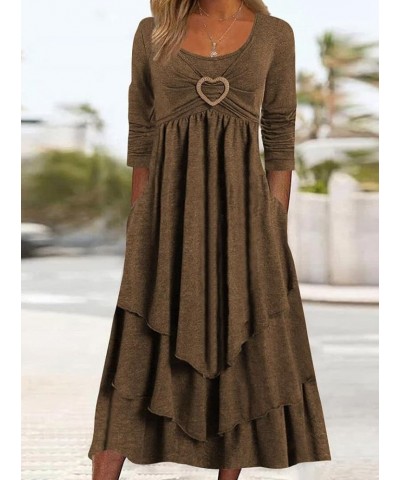 Womens Sping Winter Wedding Guest Long Sleeve Dress Casaul Flare Ruffle Tiered Dresses with Pockets Plus Size 2024 Dark Brown...