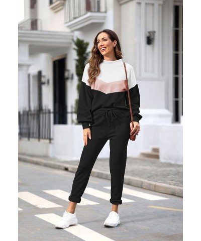 Women's Two Piece Outfits Sweater Sets Knit Pullover with Drawstring Long Pants Tracksuit Lounge Set Pink+black $21.16 Active...