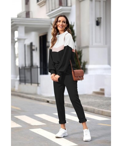 Women's Two Piece Outfits Sweater Sets Knit Pullover with Drawstring Long Pants Tracksuit Lounge Set Pink+black $21.16 Active...