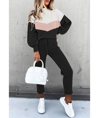 Women's Two Piece Outfits Sweater Sets Knit Pullover with Drawstring Long Pants Tracksuit Lounge Set Pink+black $21.16 Active...