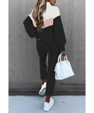 Women's Two Piece Outfits Sweater Sets Knit Pullover with Drawstring Long Pants Tracksuit Lounge Set Pink+black $21.16 Active...