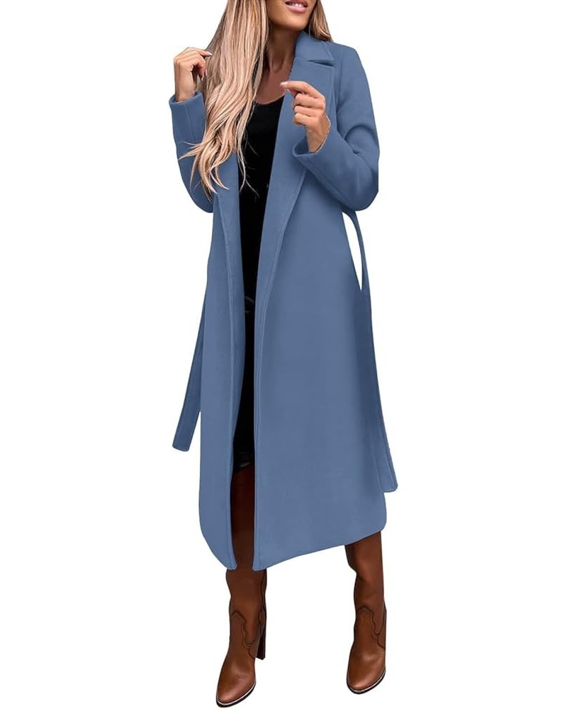 Women's Trench Coats Woolen Blend Elegant Long Belted Overcoat Notched Lapel Slim Fit Dressy Cardigan Winter Jacket Blue-a $1...
