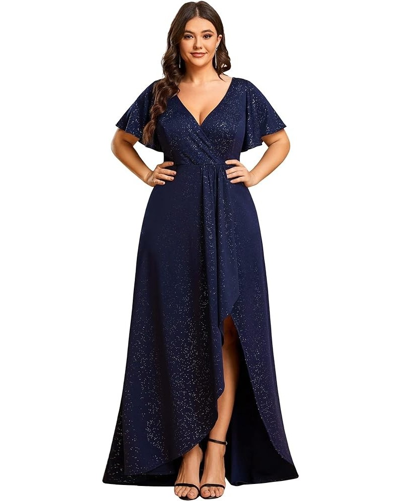 Women's V Neck A Line Ruffle Sleeve High Low Glitter Curve Wedding Guest Dresses Navy Blue $32.34 Dresses