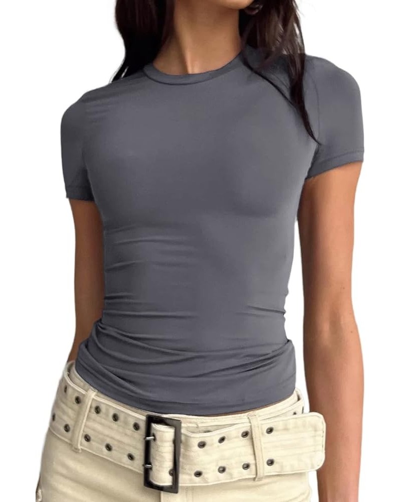 Women’s Basic Skinny Crop Top Tee Shirt Long Sleeve Workout Round Neck Cropped Tshirt Short Sleeve-grey $11.00 T-Shirts