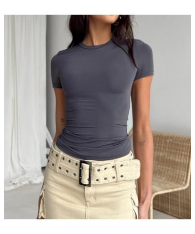 Women’s Basic Skinny Crop Top Tee Shirt Long Sleeve Workout Round Neck Cropped Tshirt Short Sleeve-grey $11.00 T-Shirts