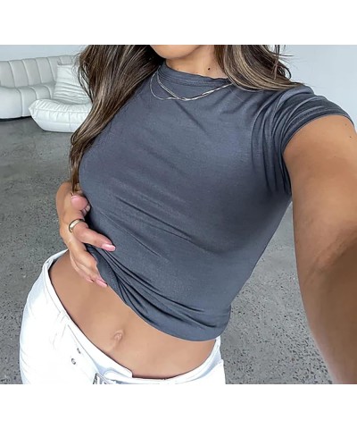 Women’s Basic Skinny Crop Top Tee Shirt Long Sleeve Workout Round Neck Cropped Tshirt Short Sleeve-grey $11.00 T-Shirts