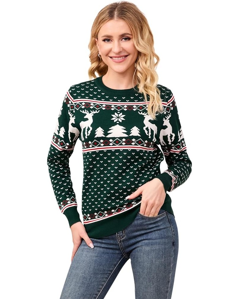 Family Christmas Sweater Crew Neck Reindeer Snowflakes Knitted Pullover for Women/Men/Kids Women B_women_green $8.00 Sweaters