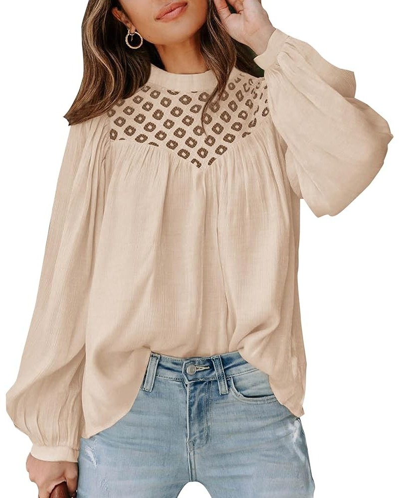 Women's Fall Tops 2023 Crewneck Lace Crochet Casual Long Sleeve T Shirts Loose Chiffon Solid Blouses Solid Beige $13.24 Blouses