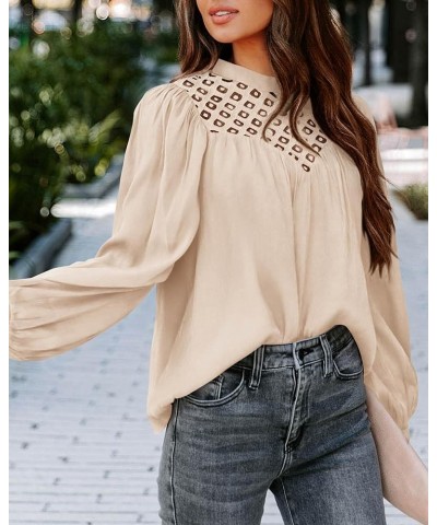 Women's Fall Tops 2023 Crewneck Lace Crochet Casual Long Sleeve T Shirts Loose Chiffon Solid Blouses Solid Beige $13.24 Blouses