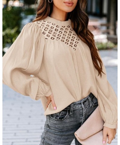 Women's Fall Tops 2023 Crewneck Lace Crochet Casual Long Sleeve T Shirts Loose Chiffon Solid Blouses Solid Beige $13.24 Blouses
