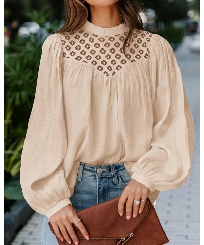 Women's Fall Tops 2023 Crewneck Lace Crochet Casual Long Sleeve T Shirts Loose Chiffon Solid Blouses Solid Beige $13.24 Blouses