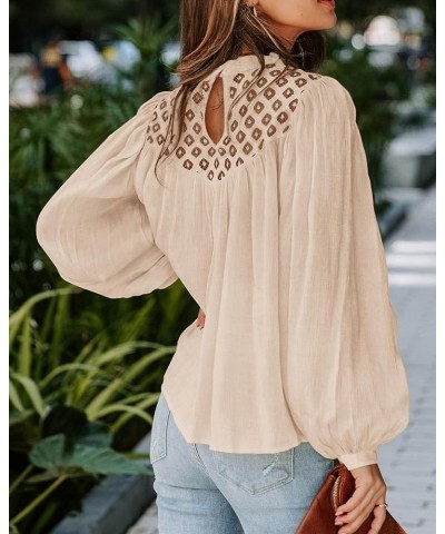 Women's Fall Tops 2023 Crewneck Lace Crochet Casual Long Sleeve T Shirts Loose Chiffon Solid Blouses Solid Beige $13.24 Blouses