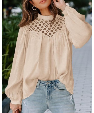 Women's Fall Tops 2023 Crewneck Lace Crochet Casual Long Sleeve T Shirts Loose Chiffon Solid Blouses Solid Beige $13.24 Blouses