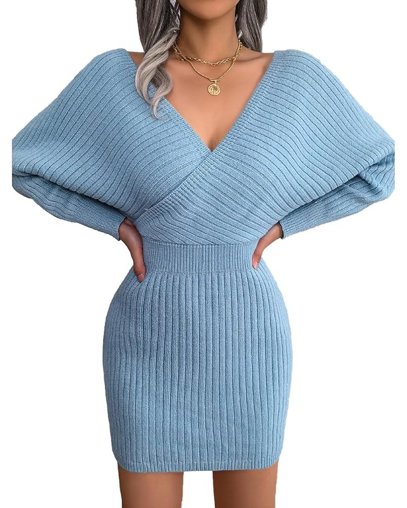 Women's Elegant V Neck Wrap Knit Dresses Batwing Sleeve Backless Slit Mini Dress Blue $16.00 Sweaters
