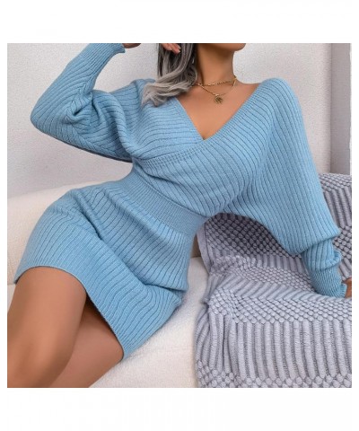 Women's Elegant V Neck Wrap Knit Dresses Batwing Sleeve Backless Slit Mini Dress Blue $16.00 Sweaters